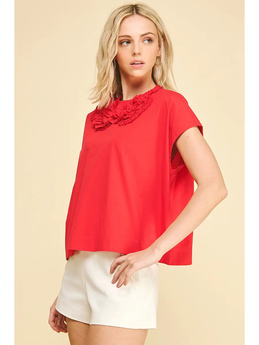 Red Cap Sleeve Blouse Top with Floral Embroidered Detail