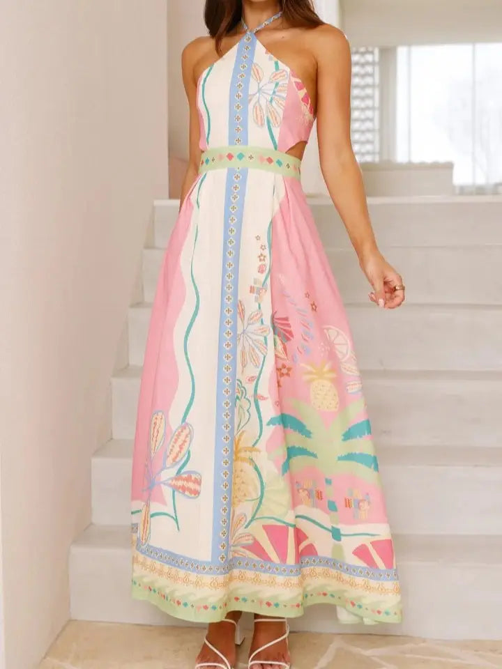 Halter Neck Tropical Print Maxi