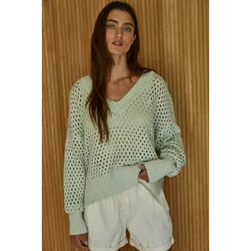 LIght Mint V Neck See Through Pullover