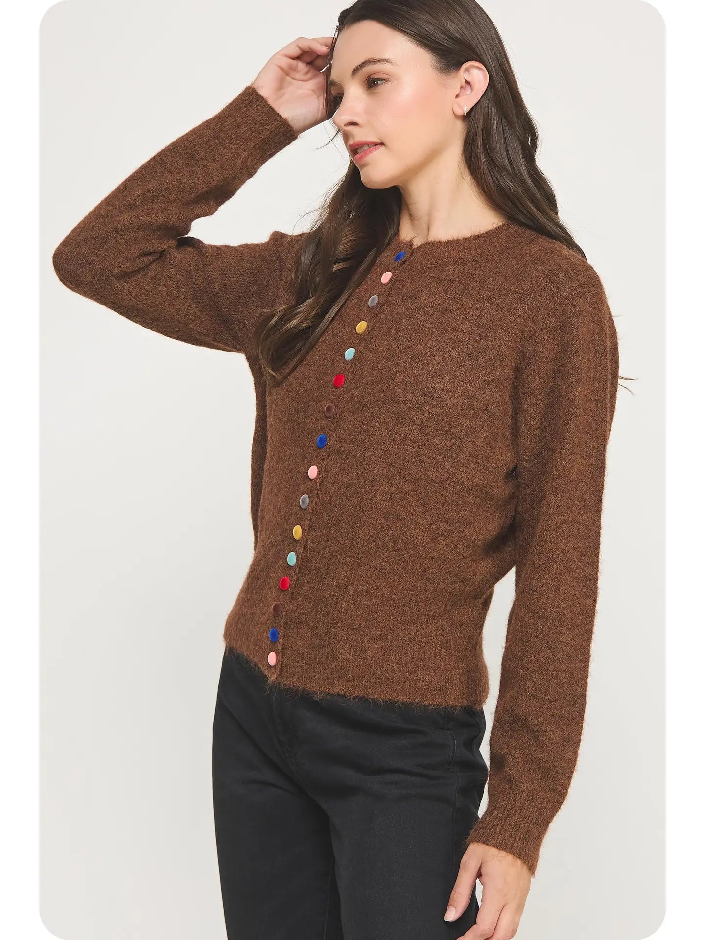 Chocolate Brown Multi Color Button Knit Cardigan