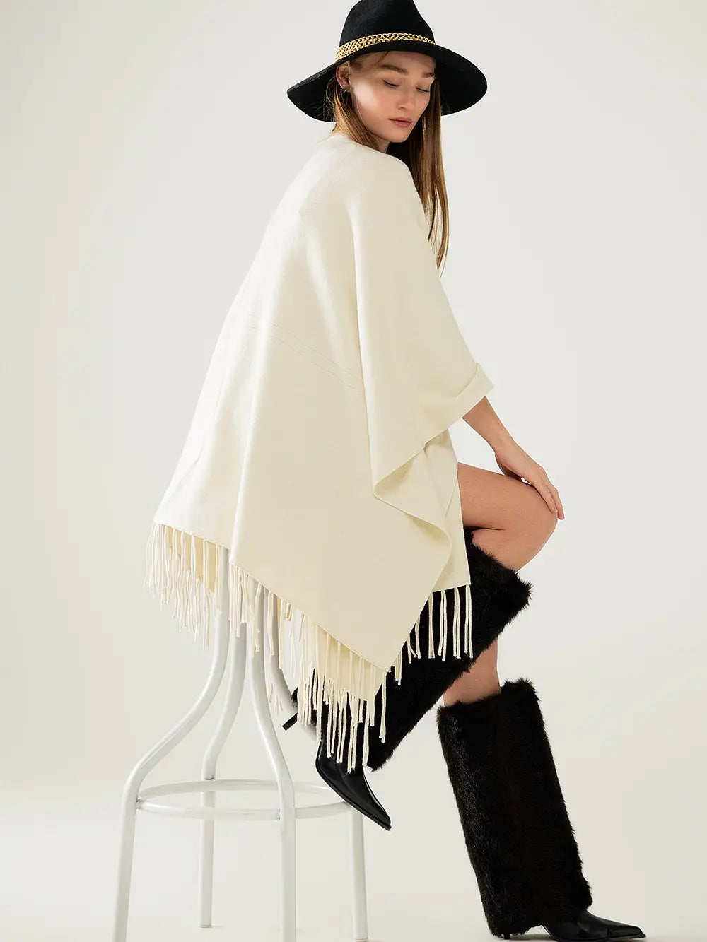 Soft Knitted Poncho in Beige with Fringe