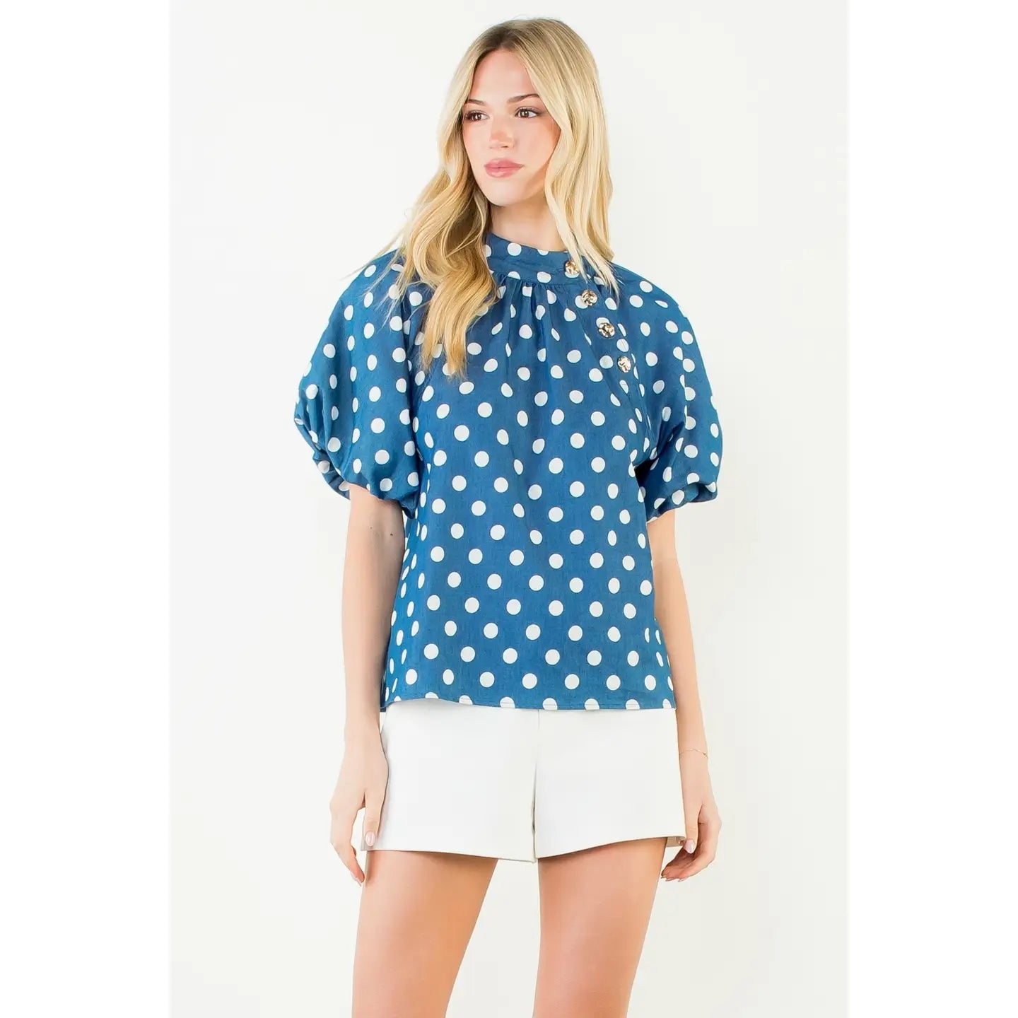 Puff Sleeve Polka Dot Mock Neck Top