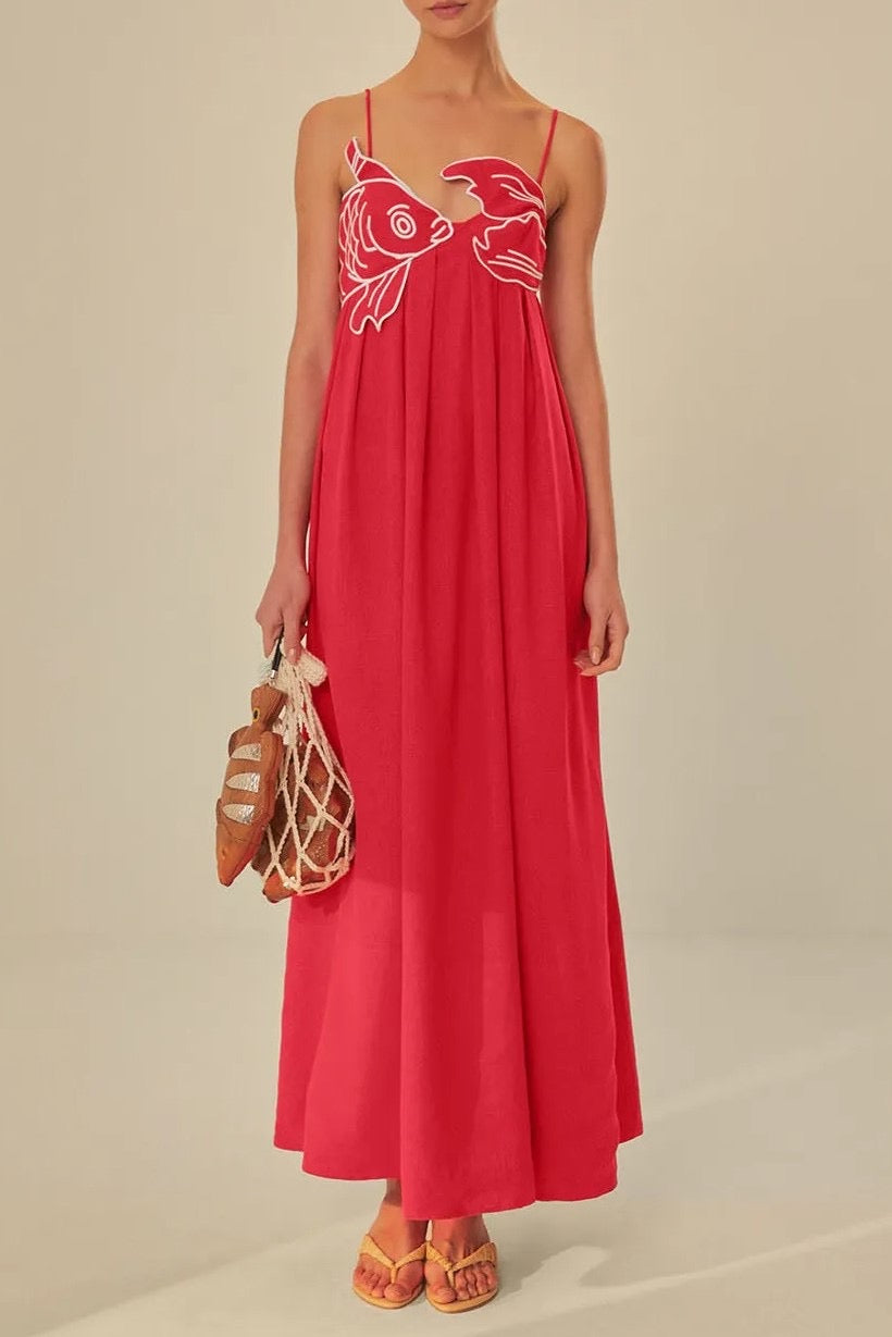Fish Embroidered Maxi Slip Dress
