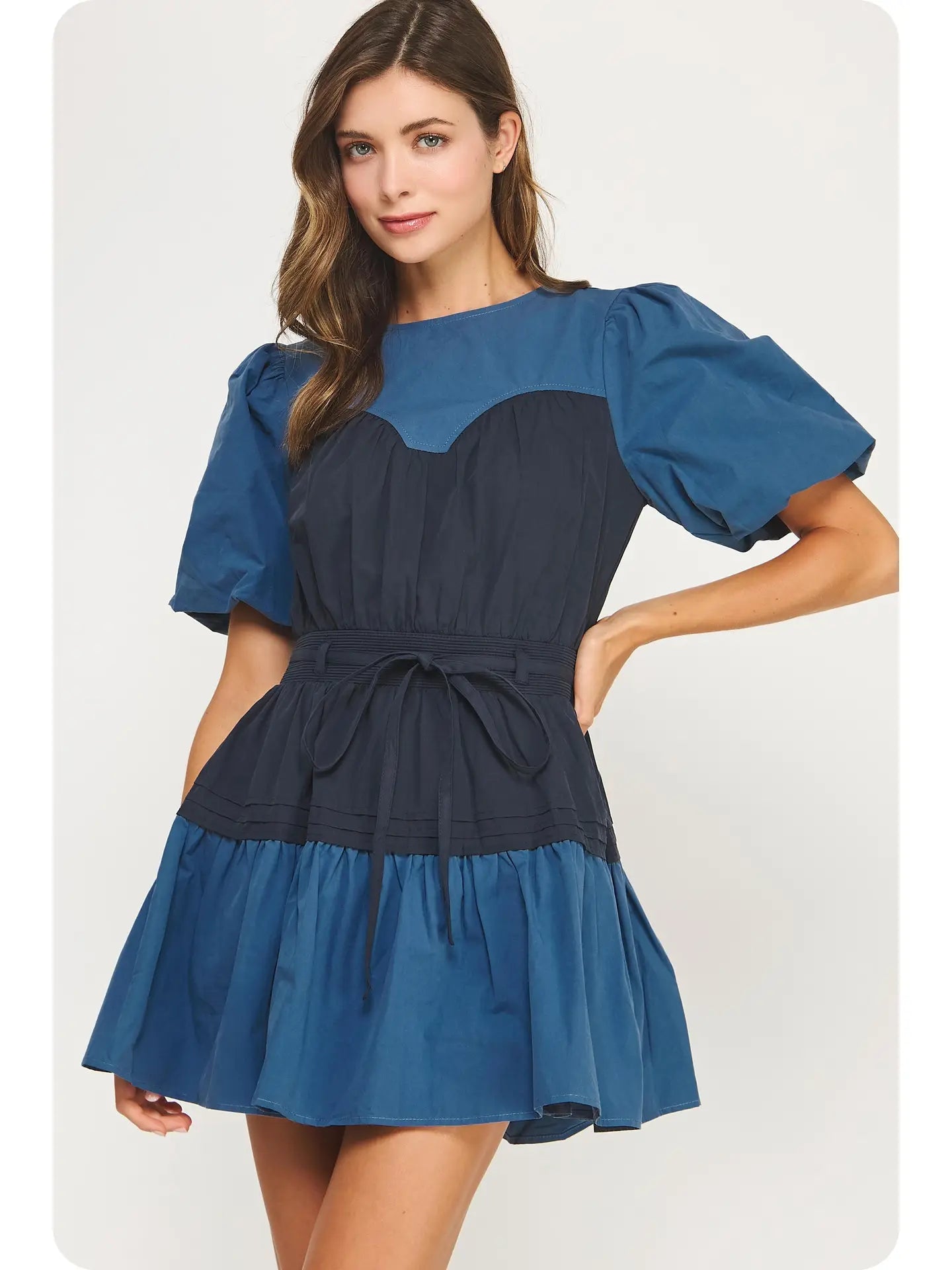 Color Block Pin-Tuck Detail Poplin Mini Dress
