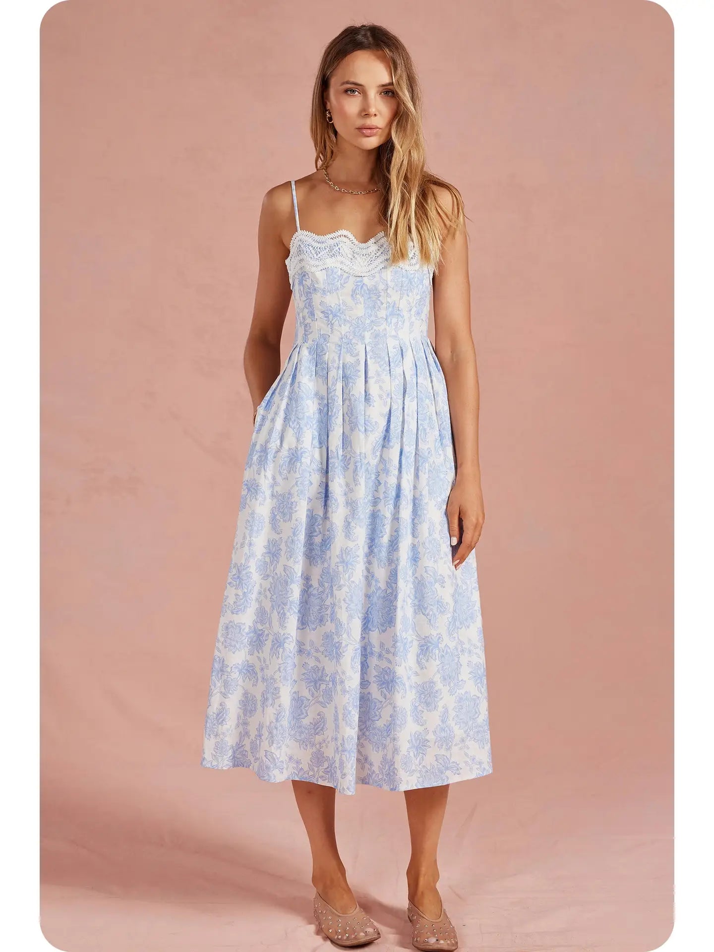 Botanical Garden Crochet Lace Pleat Midi Dress