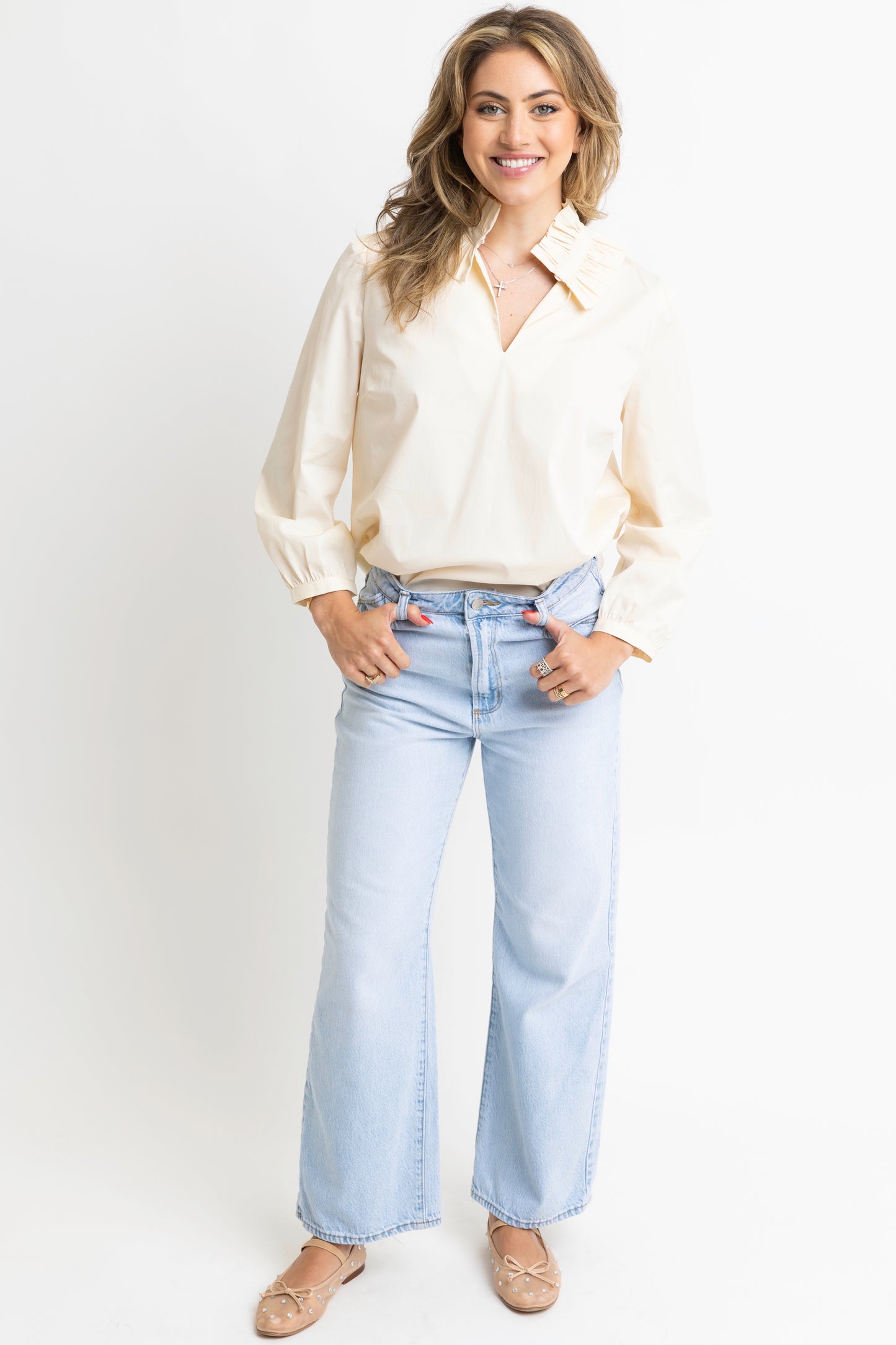 Poplin Ruffle Neck Top