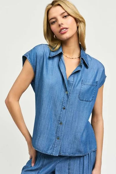 Chambray Cap Sleeve Button Down