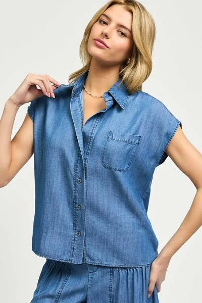 Chambray Cap Sleeve Button Down