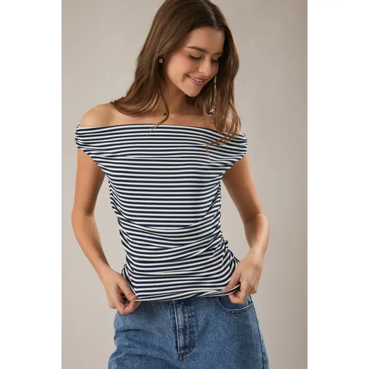 Stripe Off the Shoulder Double Lined Navy