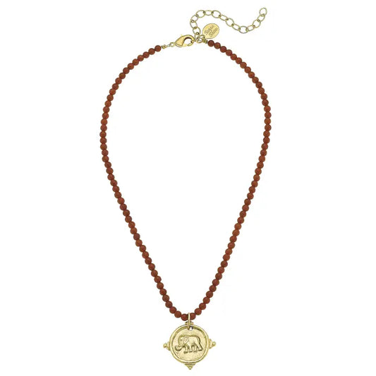 Gold Elephant on Coral Necklace