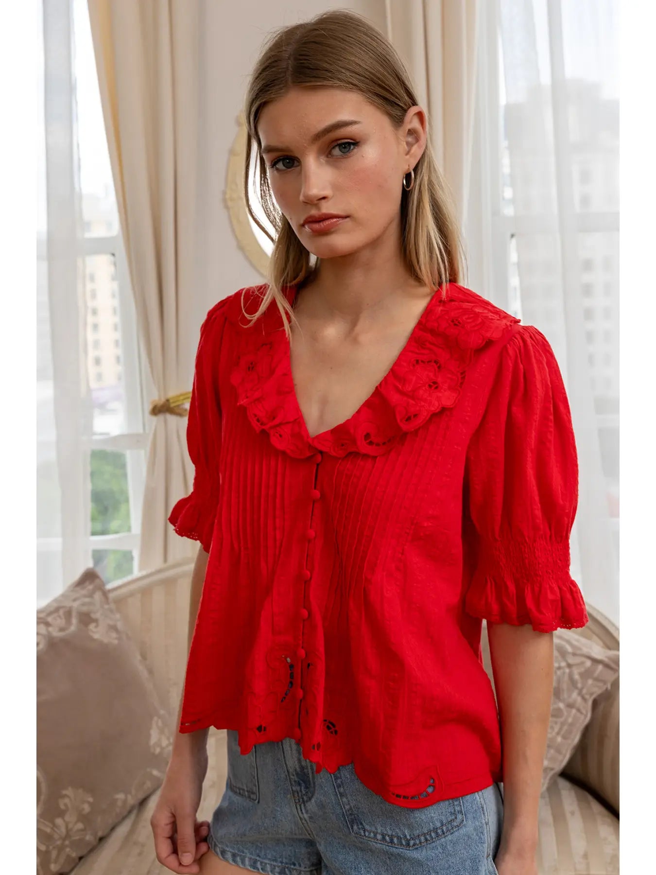 Tomato Red Embroidered Top