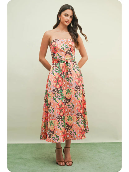 Garden Party Strapless Satin Midi Dress with Scarf