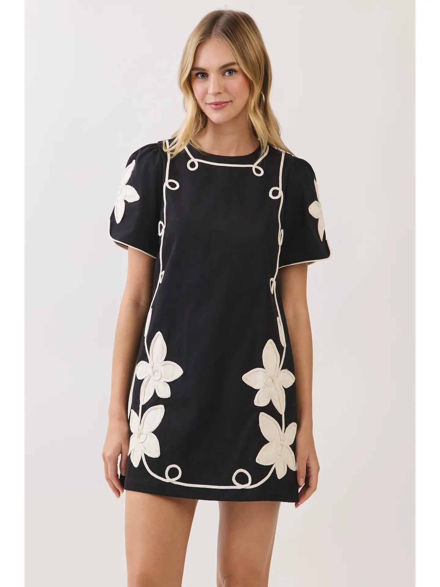 Floral Appliqué Contrast Trim Mini Dress