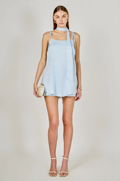 Spaghetti Tie Romper Dress Ice Blue