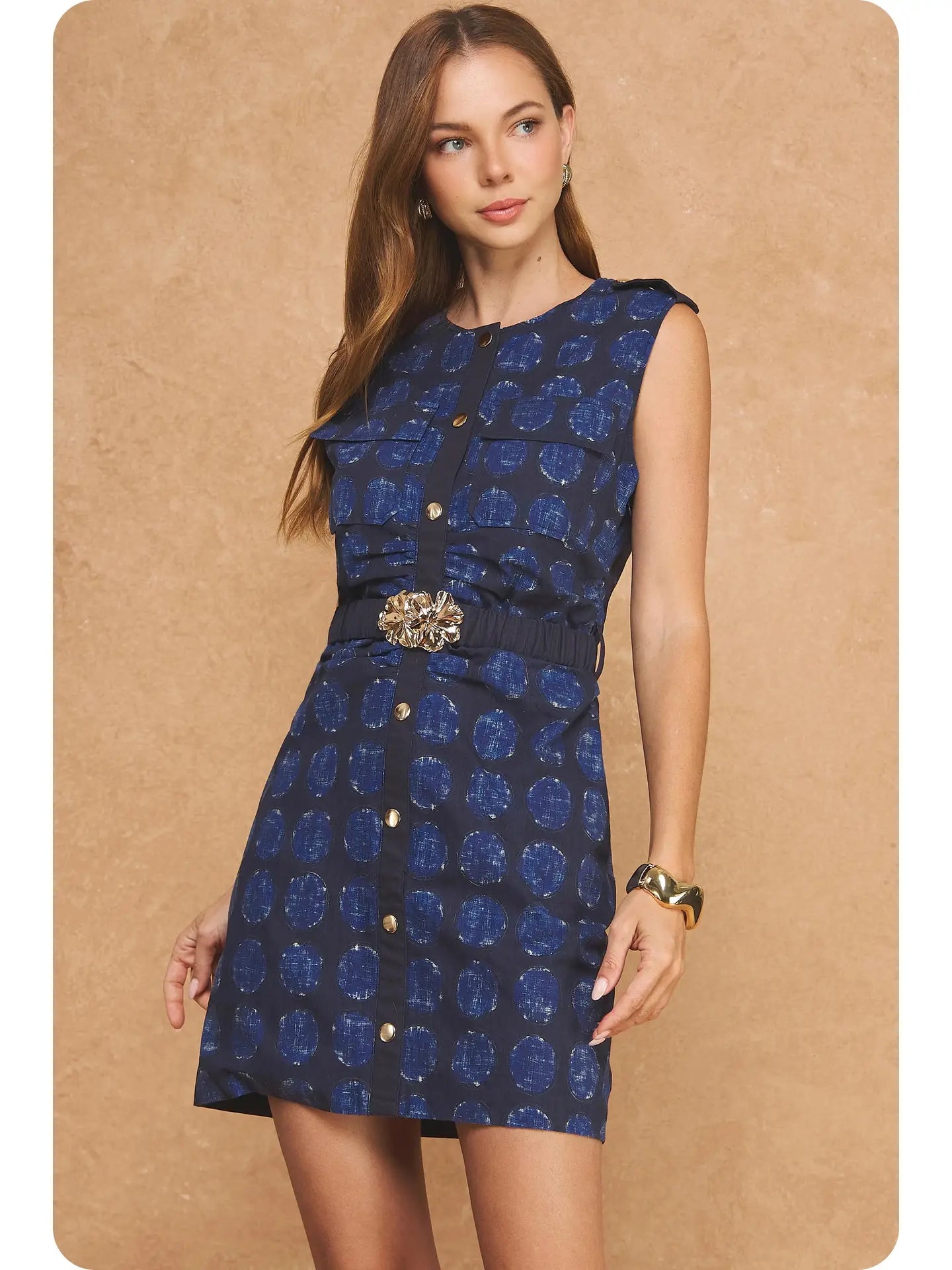 Textured Polka Dot Print Button Down Belted Mini Dress