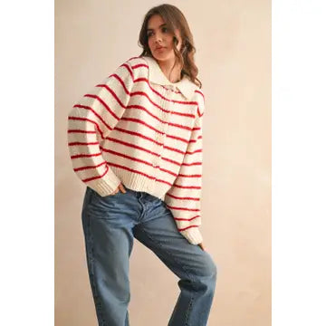 Red Striped Knitted Cardigan