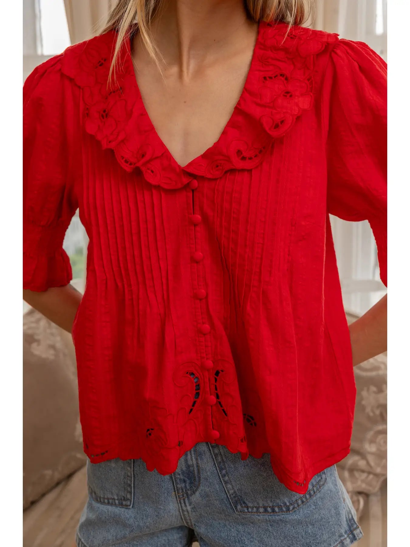 Tomato Red Embroidered Top