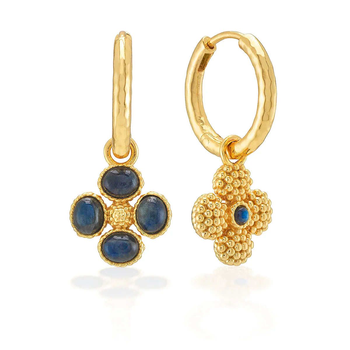 Berry Clover Hoop Earrings with Double Sided Charm - Blue Labradorit