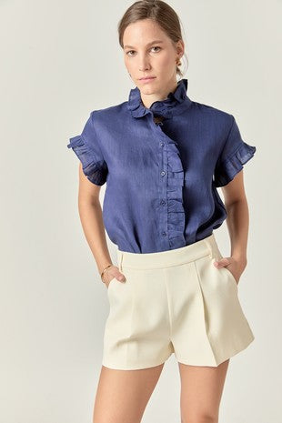 Navy Linen Ruffle Shirt