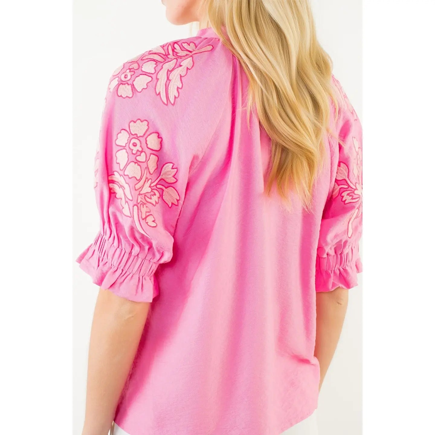 Puff Sleeve Floral Embroidery V-Neck Top