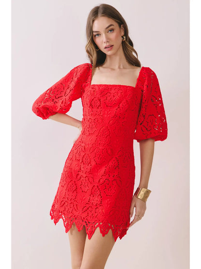 Square Neck Scalloped Lace Puff Sleeve Mini Dress