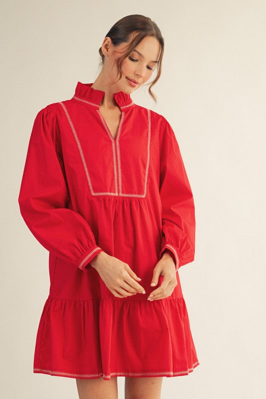 Ruffled Neckline Solid Red Dress