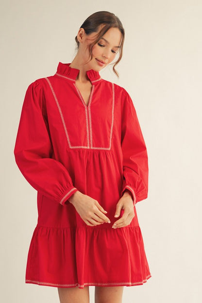 Ruffled Neckline Solid Red Dress