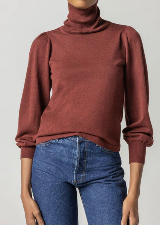 Lilla P Puff Sleeve Turtleneck Sweater Mahogany