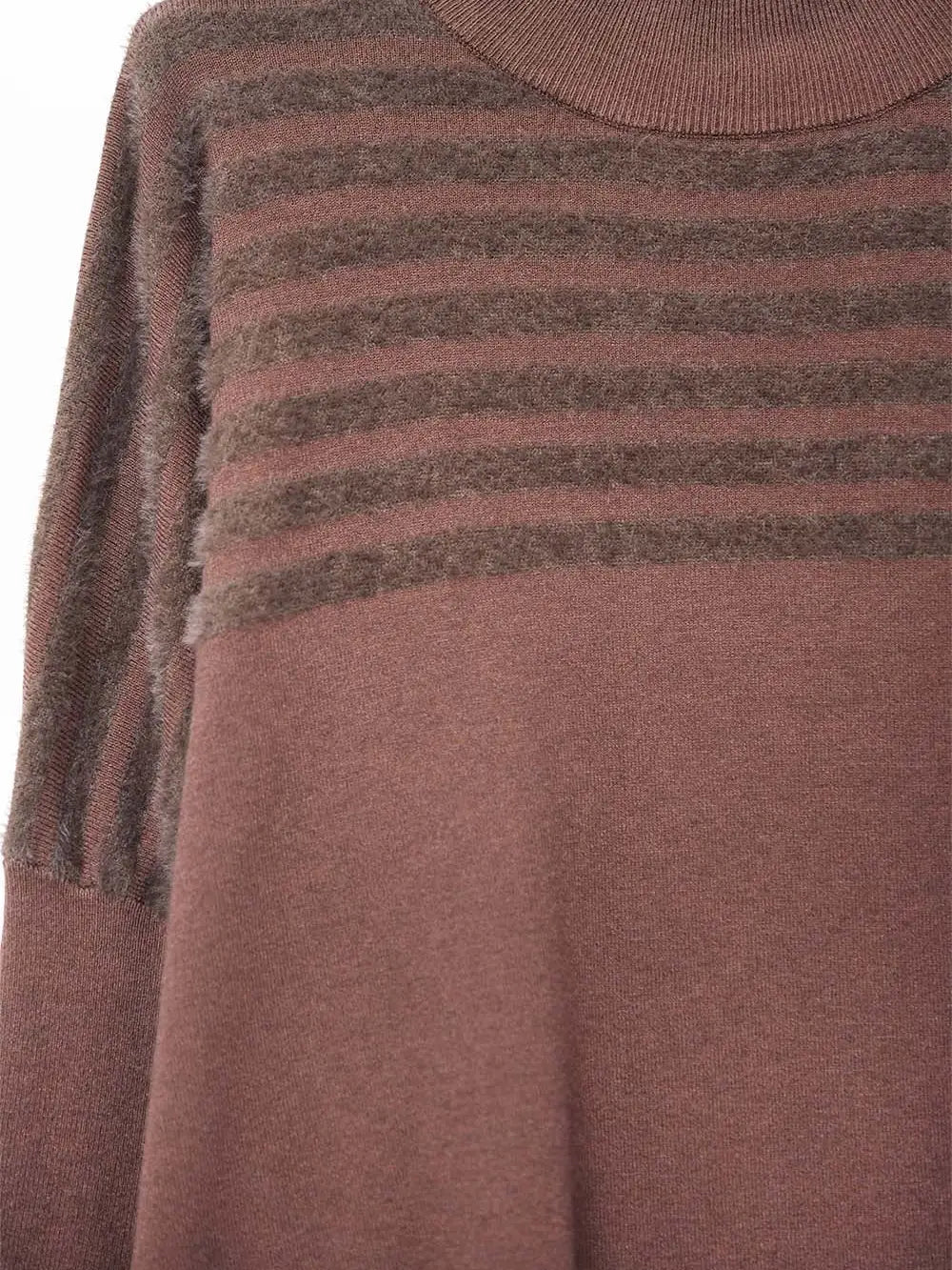 Brown Knit Sweater with Fluffy Stripe Detail