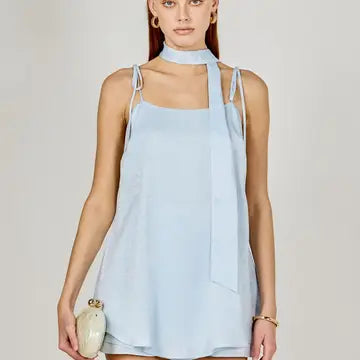 Spaghetti Tie Romper Dress Ice Blue