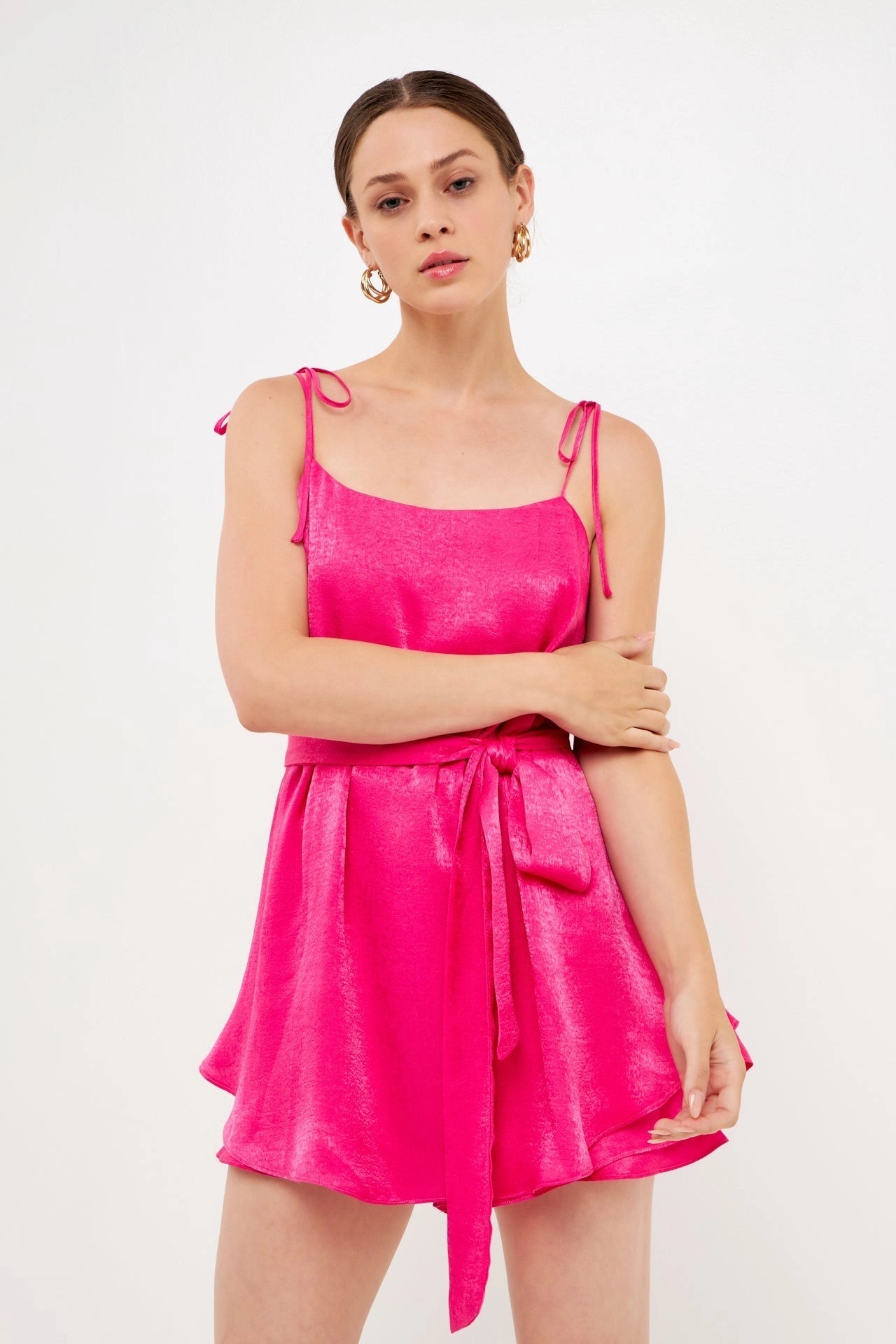 Spaghetti Tie Belted Romper Dress