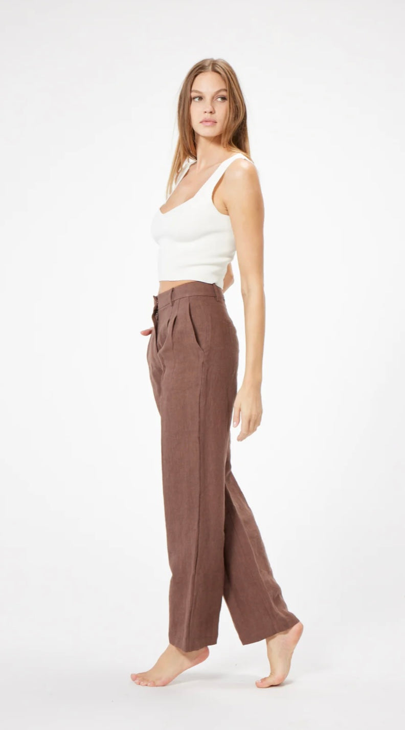 Brown Button Tab Linen Pants
