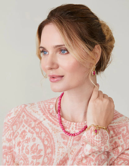 Oval Stone Beaded Necklace 17" Pink