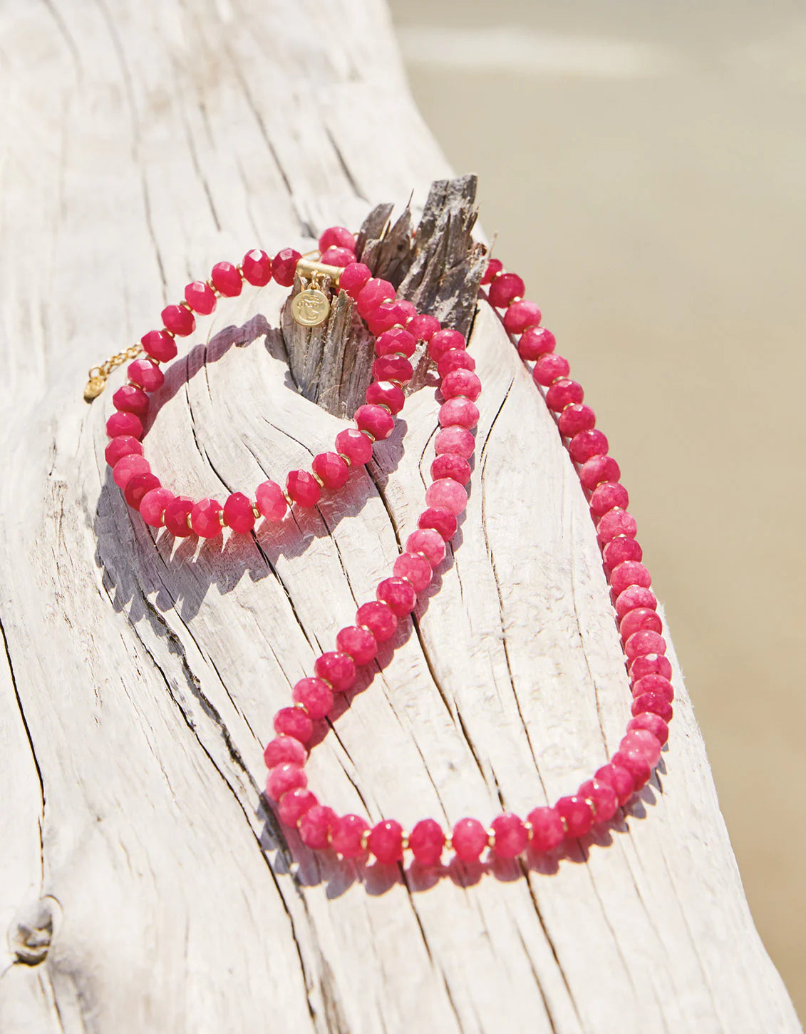 Oval Stone Beaded Necklace 17" Pink