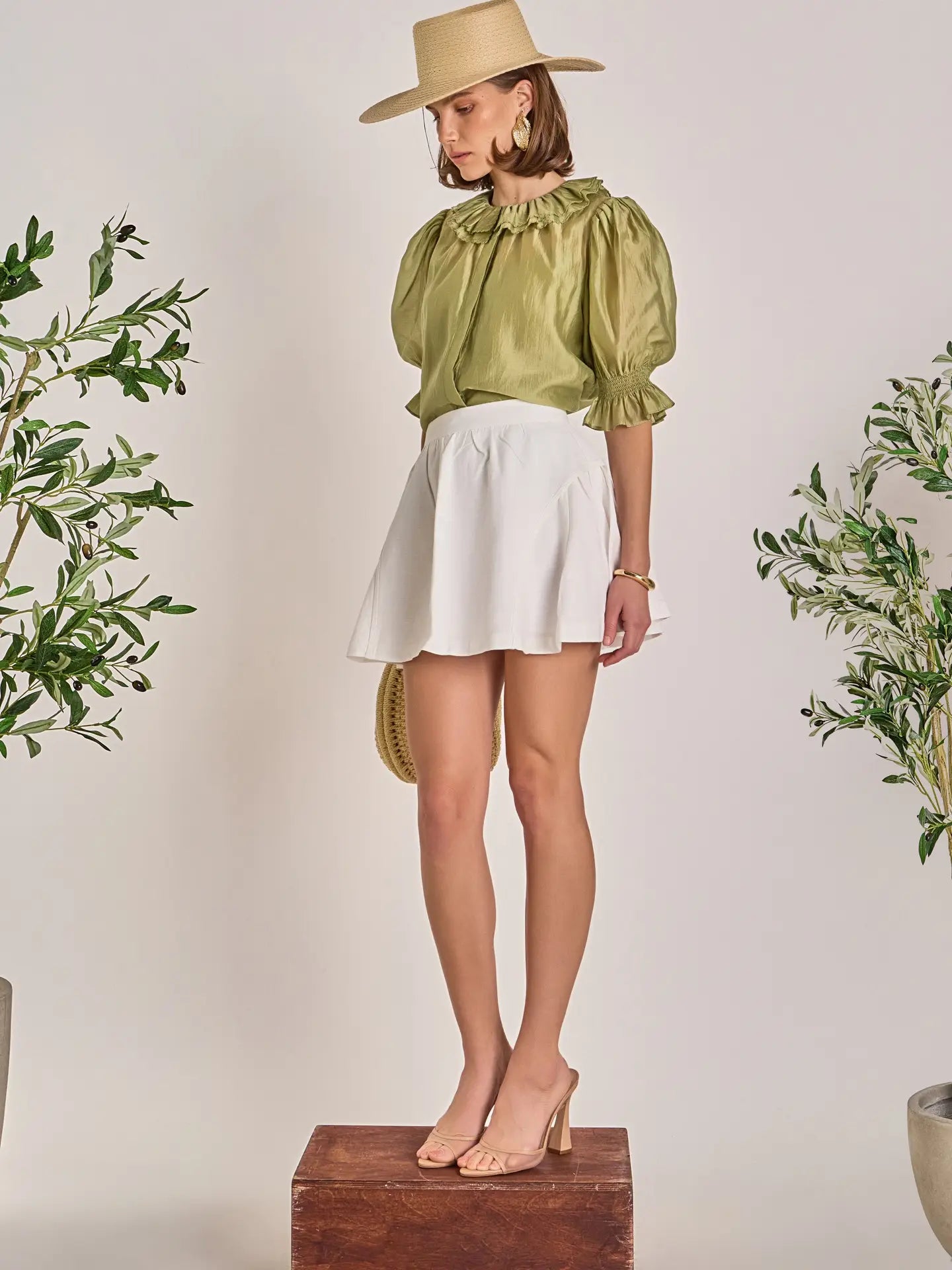 Sage Ruffled Short Sleeve Blouse
