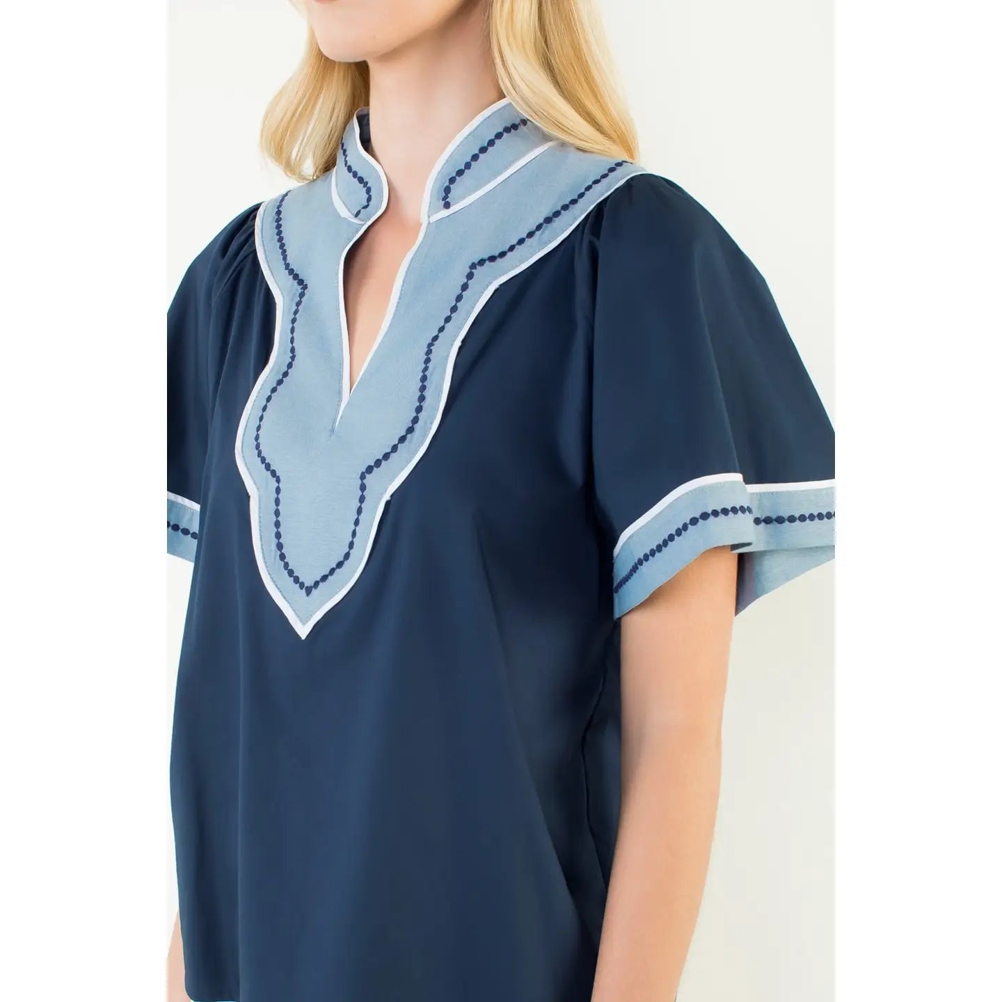 Wide Sleeve Contrast Trim V-Neck Top
