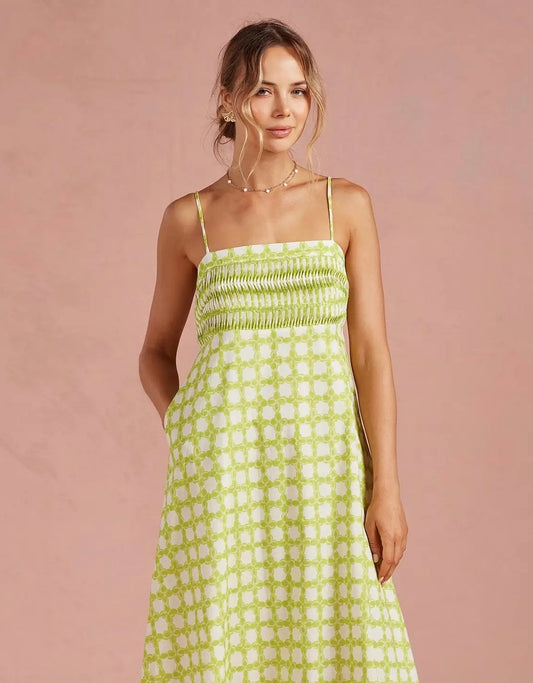 Chainlink Pintucked Sleeveless Midi Dress