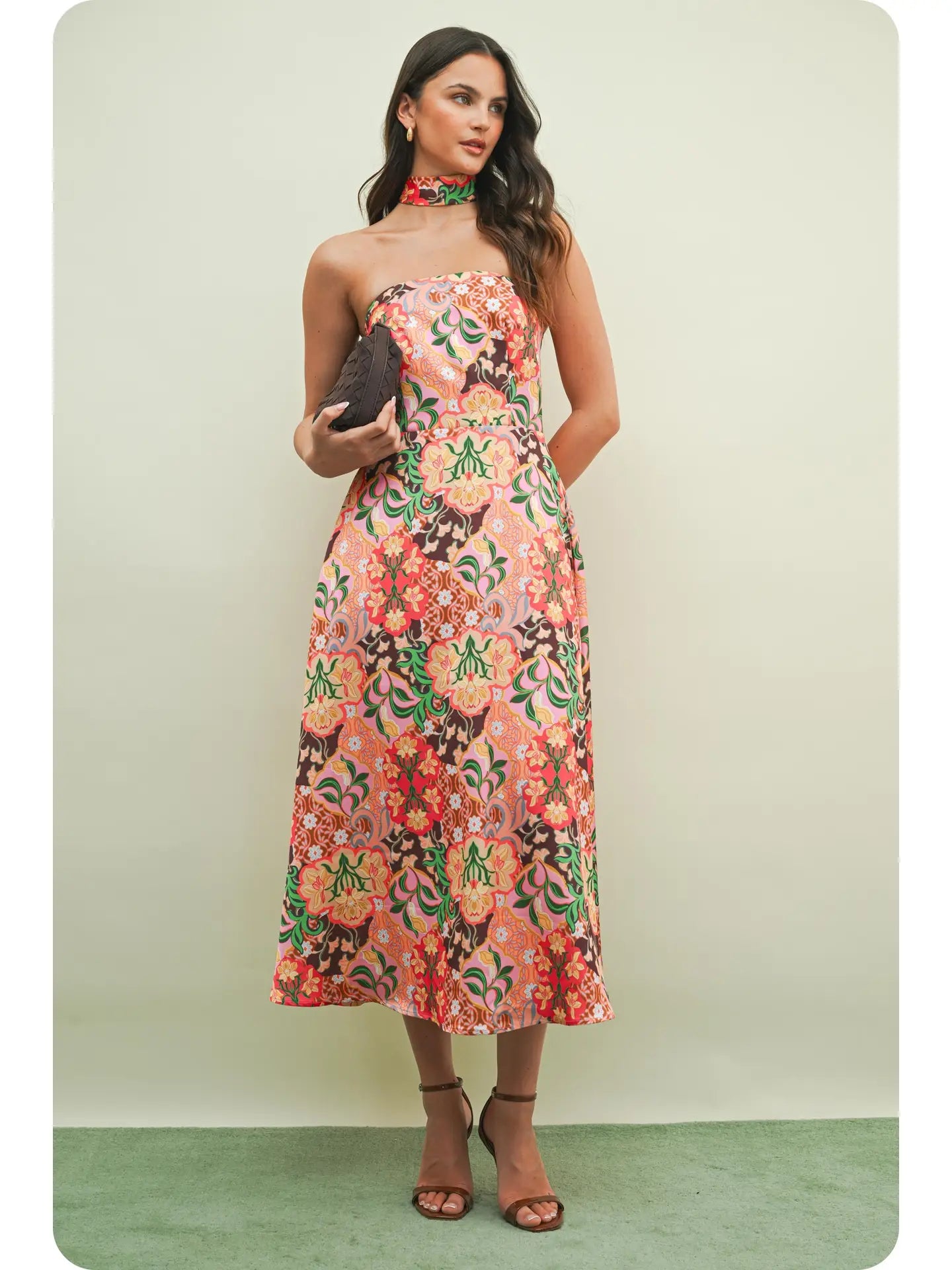Garden Party Strapless Satin Midi Dress with Scarf