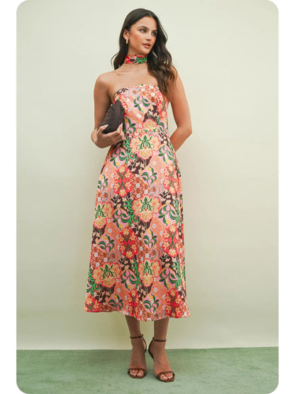 Garden Party Strapless Satin Midi Dress with Scarf