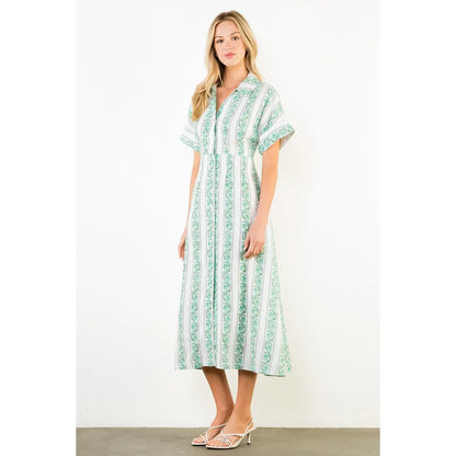 Short Sleeve Pattern Detail Button Down Dress