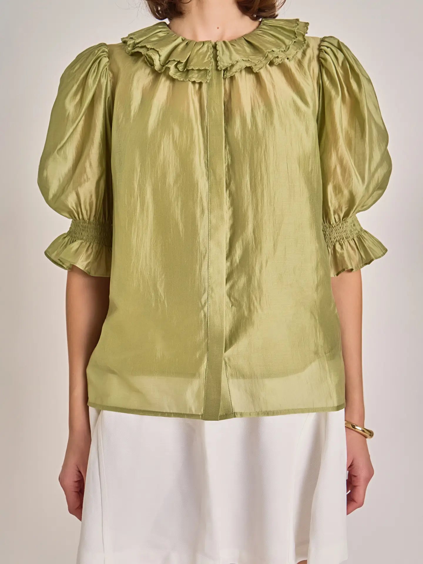Sage Ruffled Short Sleeve Blouse