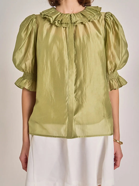 Sage Ruffled Short Sleeve Blouse