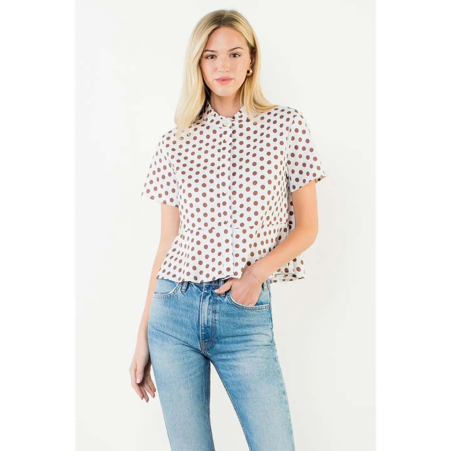 Short Sleeve Polka Dot Button Down Top