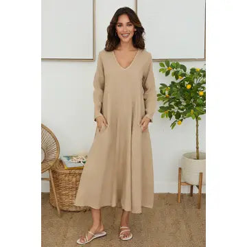 Linen V-Neck Maxi Dress Navy