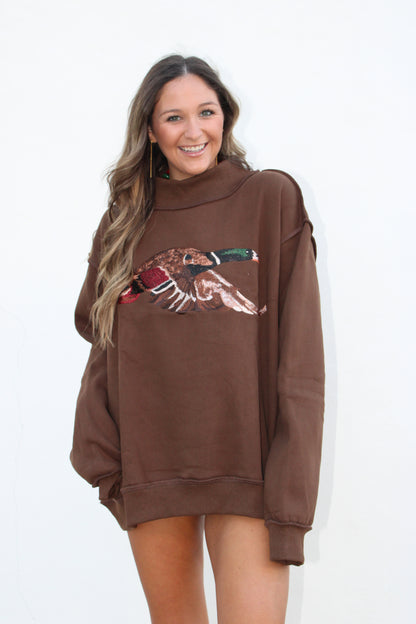 Mallard Embroidered Mock-Neck in brown