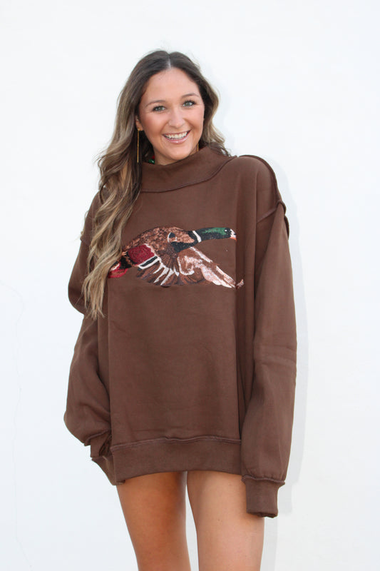 Mallard Embroidered Mock-Neck in brown