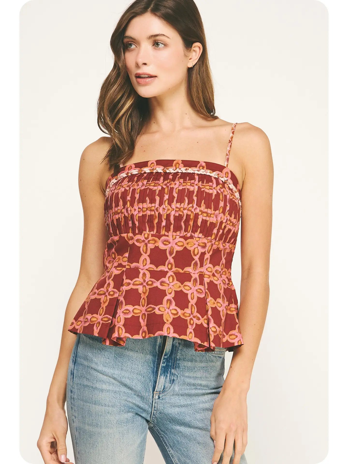 Printed Color Block Braid Detail Top