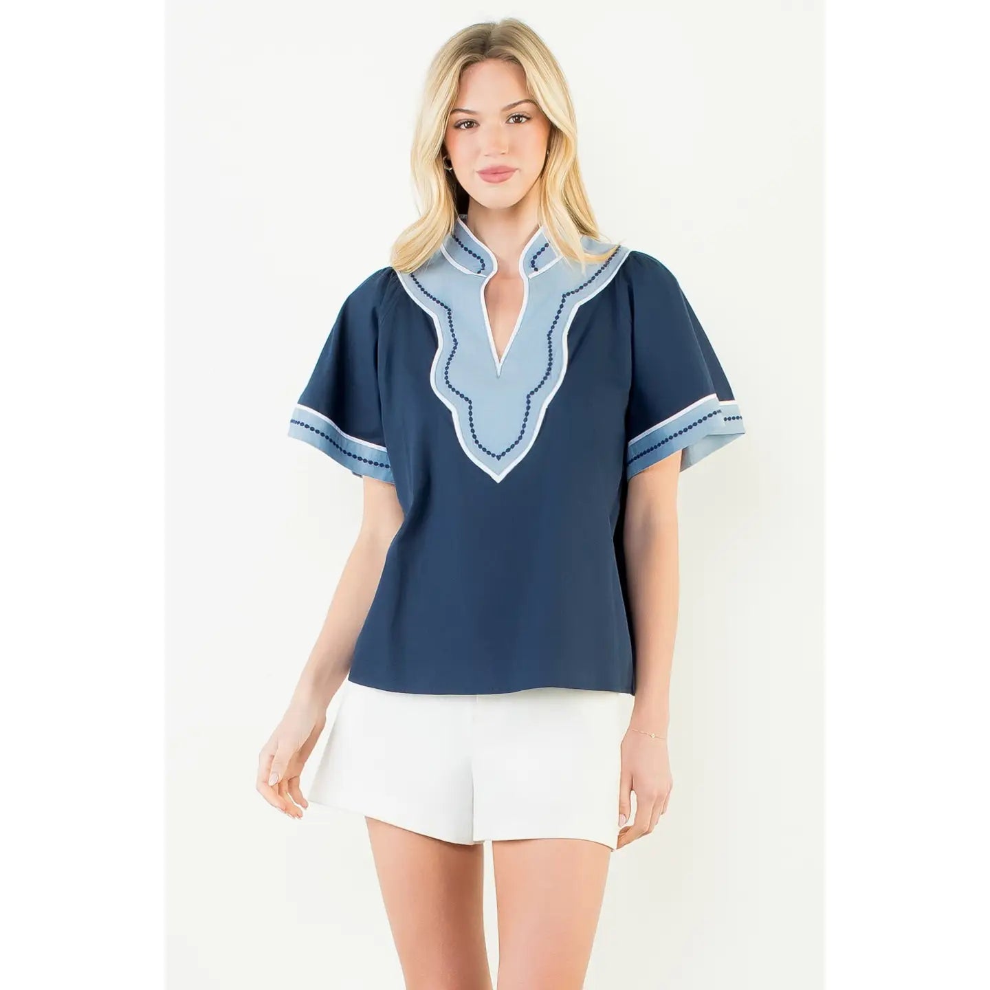 Wide Sleeve Contrast Trim V-Neck Top