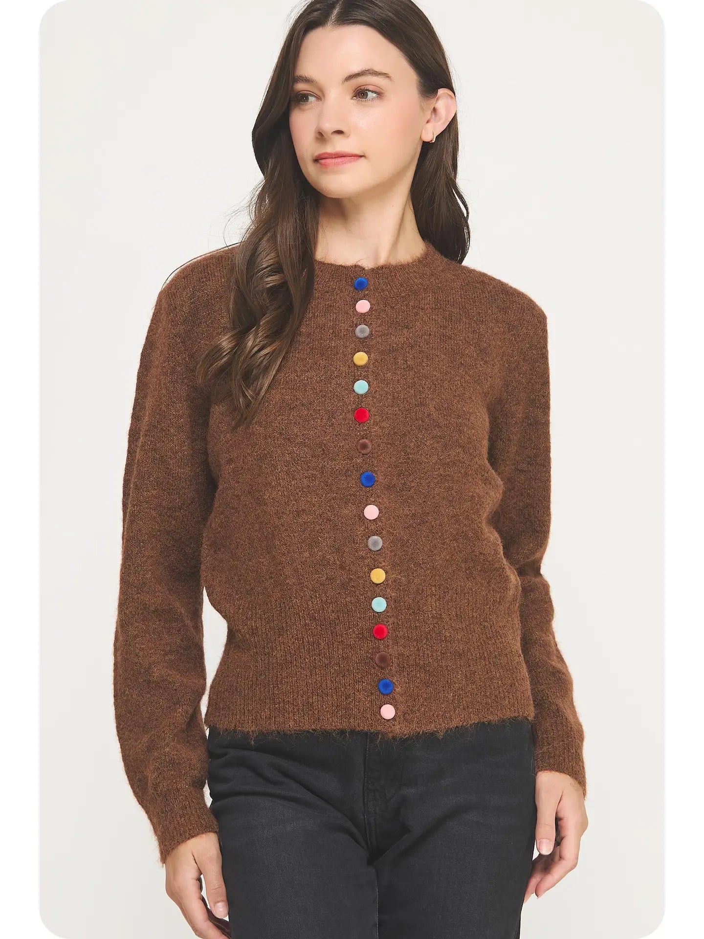 Chocolate Brown Multi Color Button Knit Cardigan
