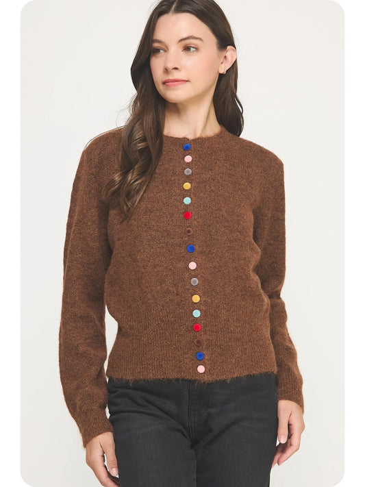 Chocolate Brown Multi Color Button Knit Cardigan